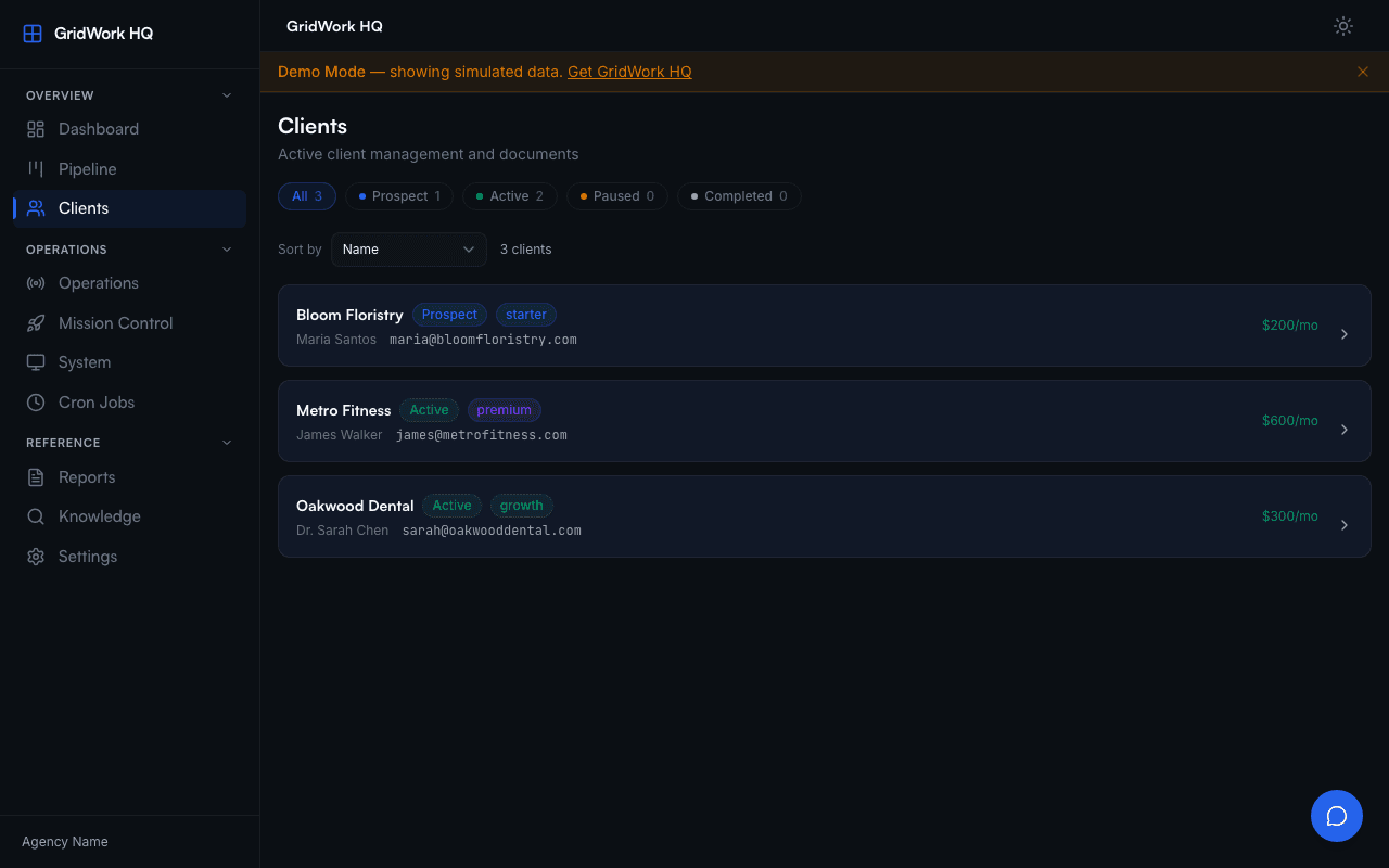 GridWork HQ client tracker with status and contact details